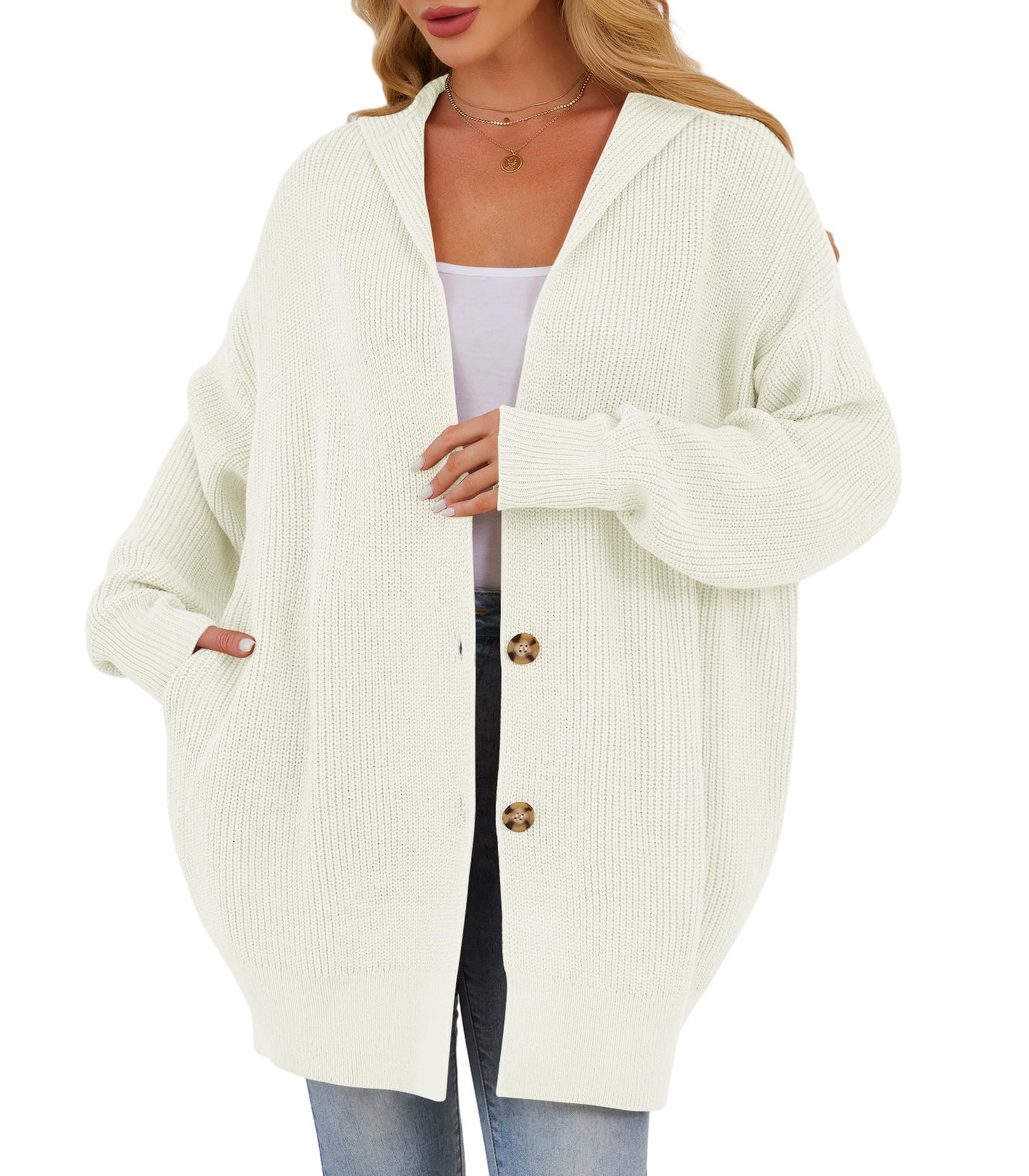 Photo 1 of Womens Oversized Cardigans Open Front Knit Cardigan Sweater Drape Chunky Button Down Casual Fall Outerwear with Pockets White