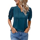 Blooming Jelly Womens Dressy Casual Tops Puff Sleeve Work Blouses Pleated V Neck T Shirts