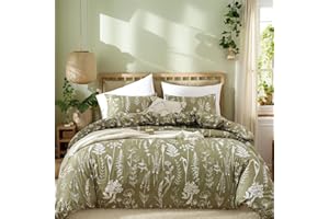JANZAA Queen Comforter Set Olive Green Comforter Floral Bedding Sets 3 Pieces Flowers Bed Comforter 1 Soft Reversible Cute Botanical with 2 Pillow Shams