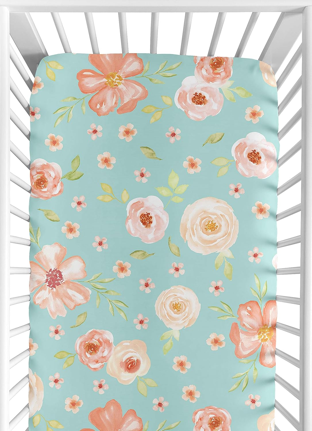 Sweet Jojo Designs Turquoise and Peach Baby or Toddler Fitted Crib Sheet for Watercolor Floral Collection - Pink Rose Flower