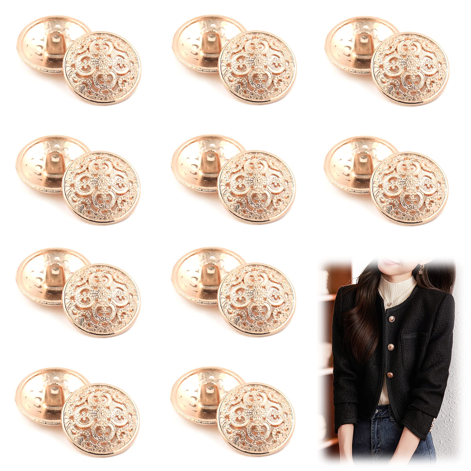 XCSJ Pack of 20 Buttons, Metal Vintage Metal Buttons, Eyelet Buttons, Vintage Antique Blazer Buttons, Round Metal Buttons for Coat, Blazer, Shirt, Jacket, Uniform (Gold)