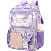 BORMELUN Clear Backpacks for Girls Transparent School Bookbags | See Through Daypack,Plastic,Floral Print,Large Size with Laptop Pocket,for Kids,Teens,Purple