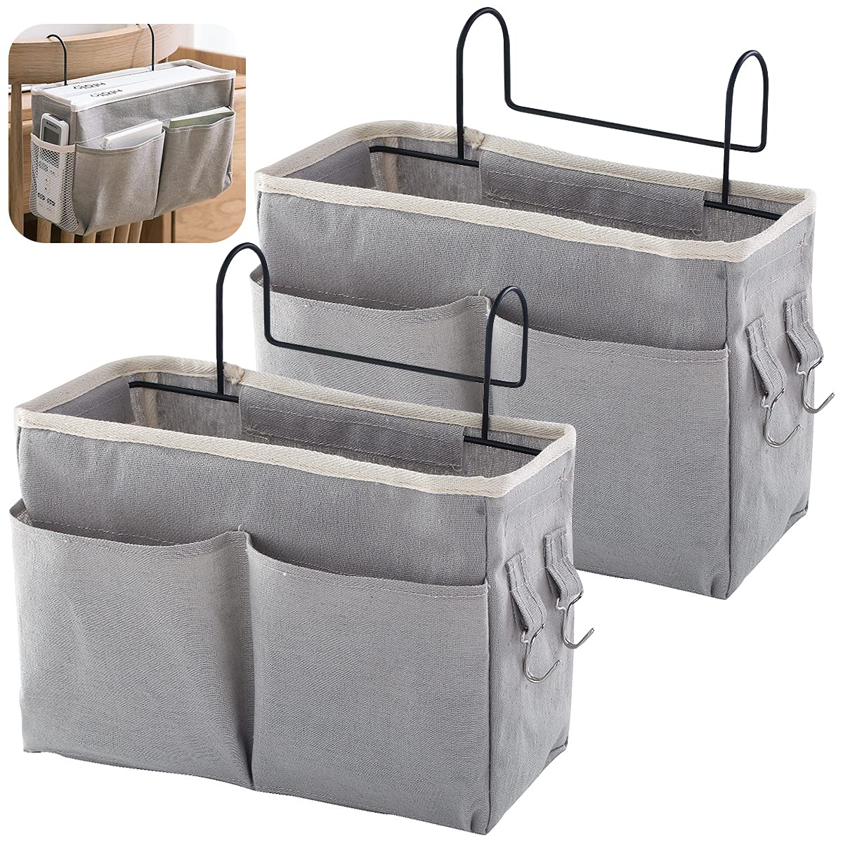 Forreen Bedside Storage Pocket, 2 Pcs Hanging Storage Basket Large Capacity Bedside Hanging Storage Dormitory Bed Organiser Caddy with Metal Hooks for Dormitory Bedroom School Bunk Bed (Grey)
