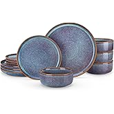 vancasso PLAYA Plates and Bowls Sets, 12 Pieces Grey-Blue Dinnerware Sets for Kitchen, Reactive Glaze Dishes Set for 4, Dishwasher and Microwave Safe