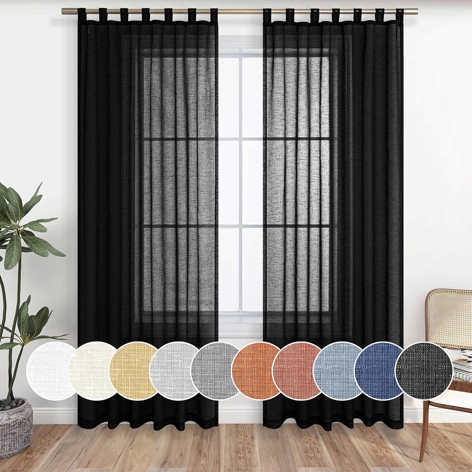 Outdoor Curtains - KOUFALL Black Linen Curtains 108 Inches Long for Living Room Large Windows 2 Panels Set Tab Top Faux Linen Look Semi Sheer Extra Long Farmhouse Curtains for Bedroom Outdoor 9 ft Length