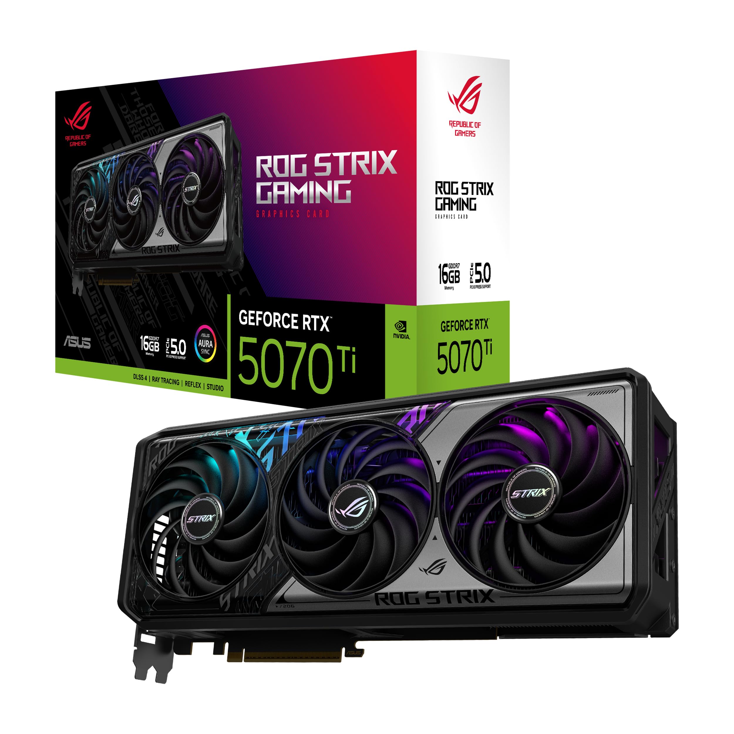 Tarjeta gráfica ASUS ROG Strix GeForce RTX 5070 Ti OC 16GB GDDR7 (PCIe 5.0, HDMI/DP 2.1, ranura 3.2, ventiladores de tecnología axial, diseño MaxContact de cámara de vapor, almohadilla térmica GPU de cambio de fase, Aura Sync)
