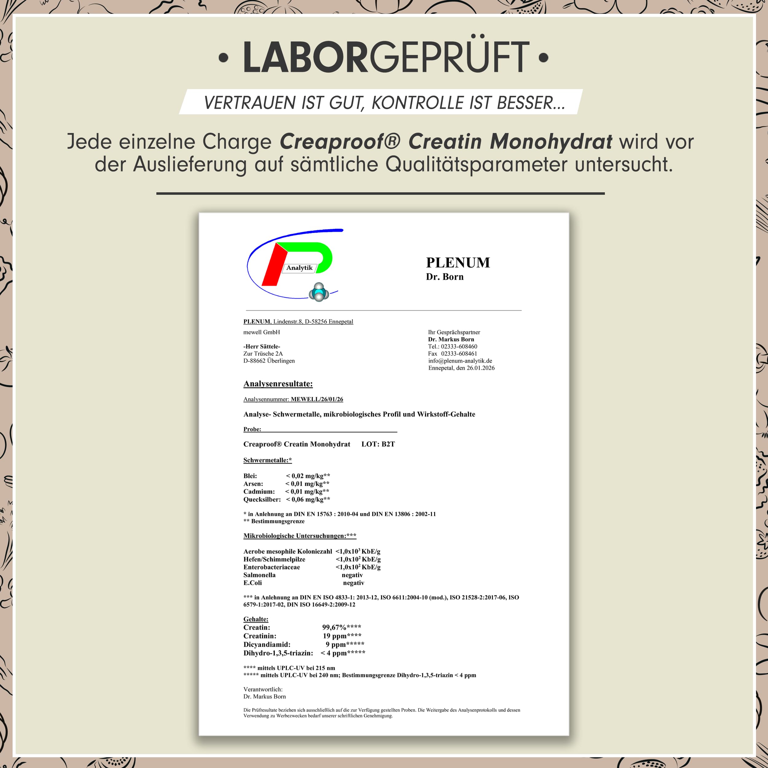 CREAPROOF® Creatin Monohydrat 1000g - Creatin mit erstklassiger Reinheit, durch unabhängige Laboranalysen bestätigt - Kreatin-Monohydrat mit 3 g Creatin pro Portion - 100% vegan - Vorrat für 292 Tage 5