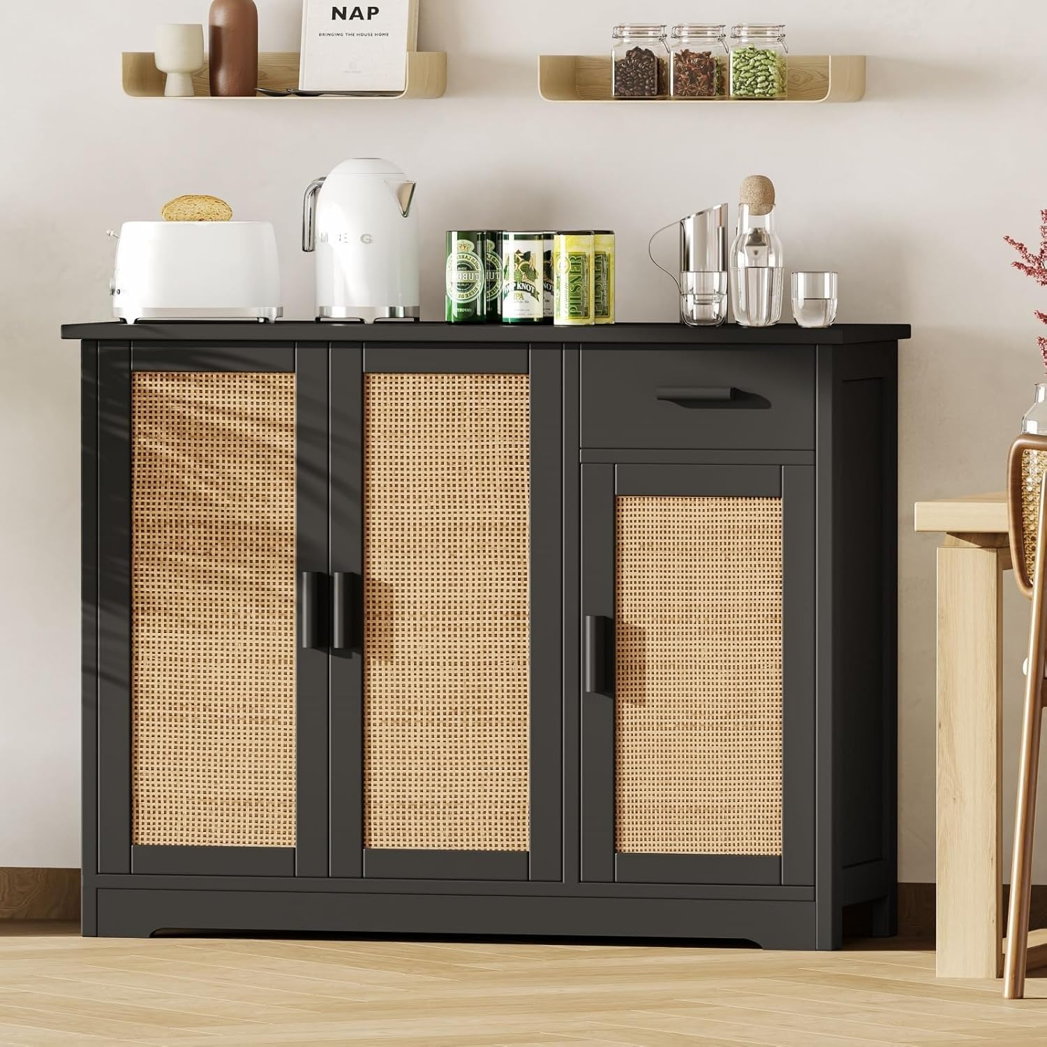 Photo 1 of *****************Item was damaged a lot of broken parts***************
Irontar Kitchen Storage Cabinet, Sideboard Buffet Cabinet with Rattan Doors, Farmhouse Console Table with Drawer, Coffee Bar, Accent Table for Kitchen, Living Room, Hallway, Black and 