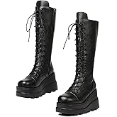 CELNEPHO Womens High Platform Mid Calf Wedges Chunky High Heel Round-Toe Side Zip Punk Combat Boots For Women