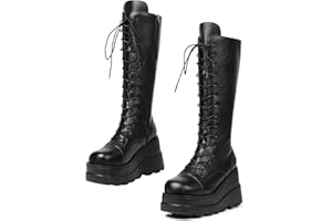 CELNEPHO Womens High Platform Mid Calf Wedges Chunky High Heel Round-Toe Side Zip Punk Combat Boots For Women