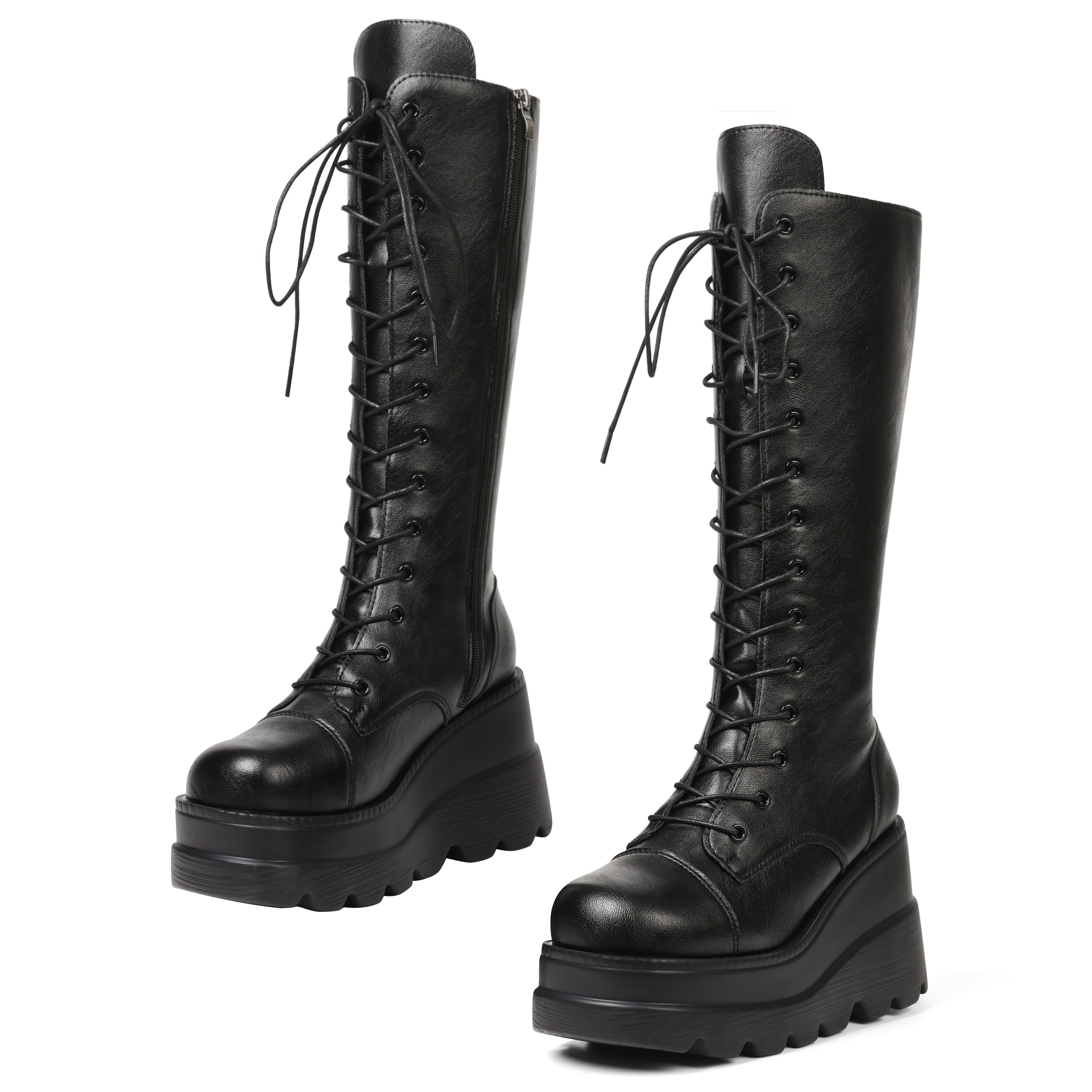 Photo 1 of Womens High Platform Mid Calf Wedges Chunky High Heel Round-Toe Side Zip Fanshion Combat Boots For Women7