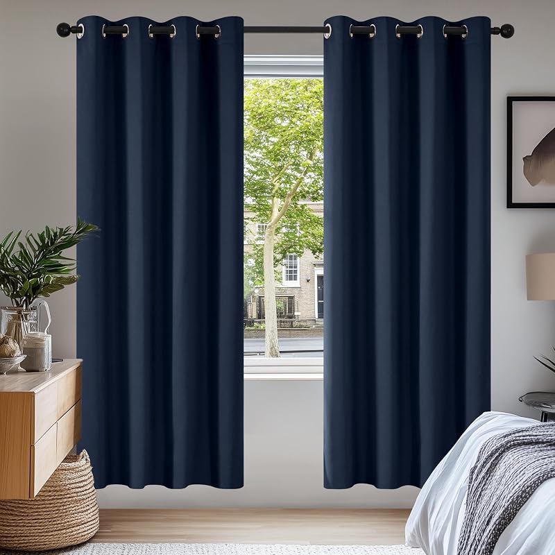 Deconovo Soft Solid Thermal Blackout Curtains Navy Blue 2 Panels 55x69 Eyelet