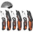 REXBETI 6 Pack Retractable Folding Utility Knife, SK5 Heavy Duty Box Cutter for Cartons, Cardboard and Boxes, Blade Storage Design, Extra 20 Blades Included