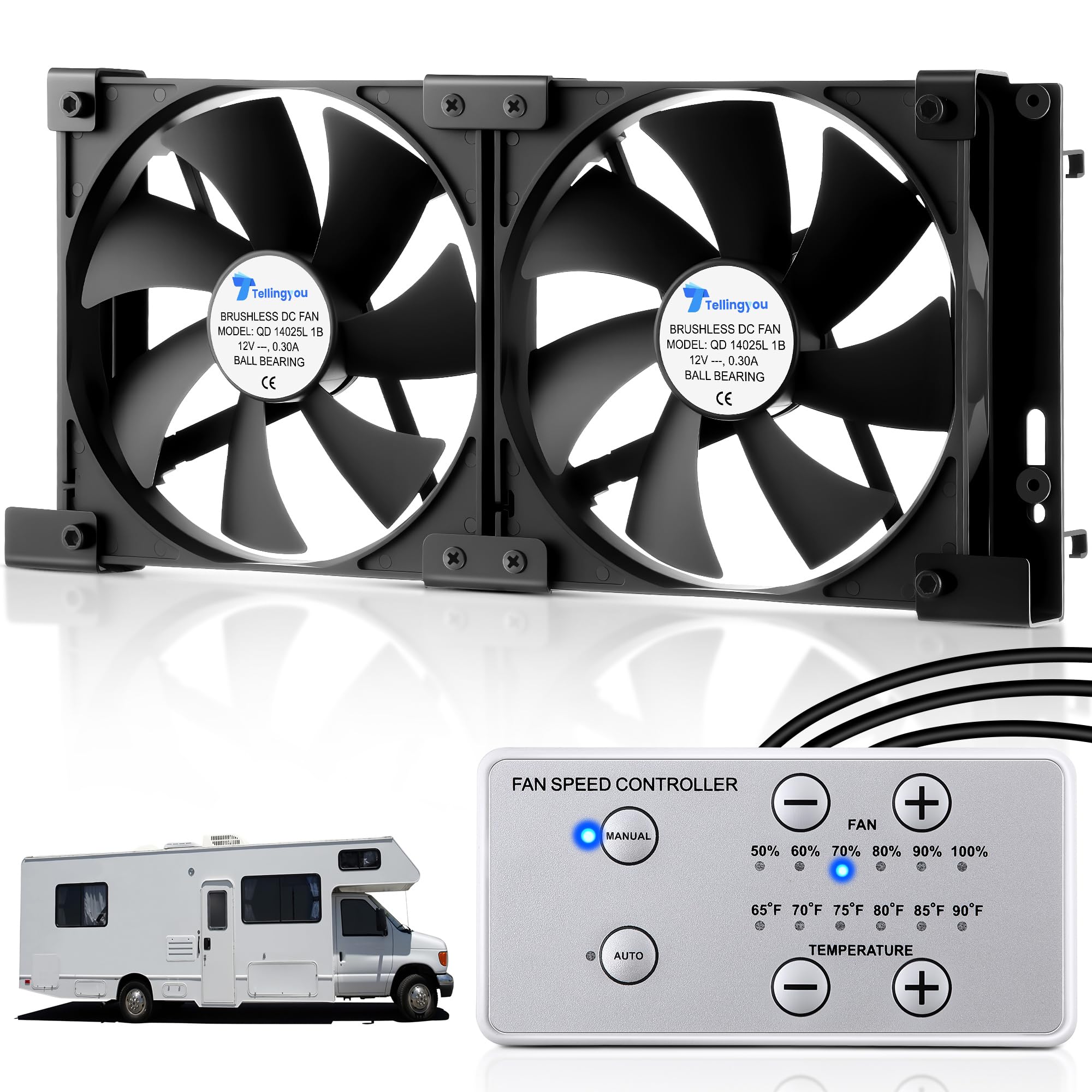 Photo 1 of 12V RV Fridge Ventilation Cooling Fan 5.5" (140mm), Custom Mounts For American RV Side Vents, Adjustable Temperature Settings, High Tech Remote With Manual/Auto Modes, IP54 Waterproof, DC12V/0.3A