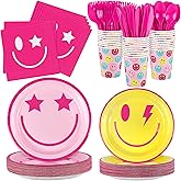 durony 210 Pieces Preppy Smiley Face Party Decorations Tableware Set Disposable Paper Smile Face Plates Napkins Cups Cutlery for Preppy Birthday Party Supplies Baby Shower Decor, Serve 30 Guest
