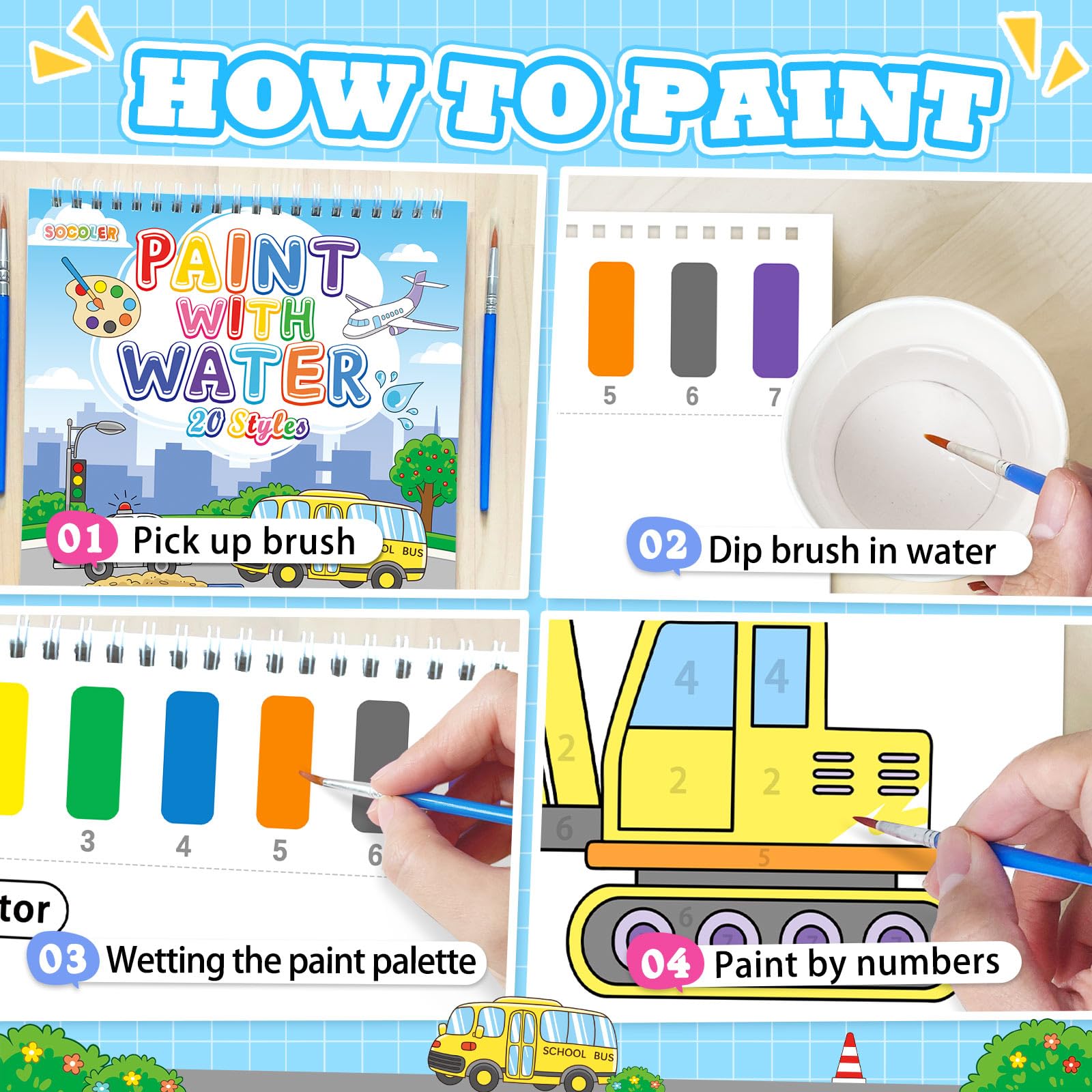 SOCOLER Paint with Water Coloring Books for Toddlers, Traffic Theme Mess Free Watercolor Painting Papers for Kids Water Color Paint Kit Art Craft Birthday Gift for Ages 1-3, 4-8