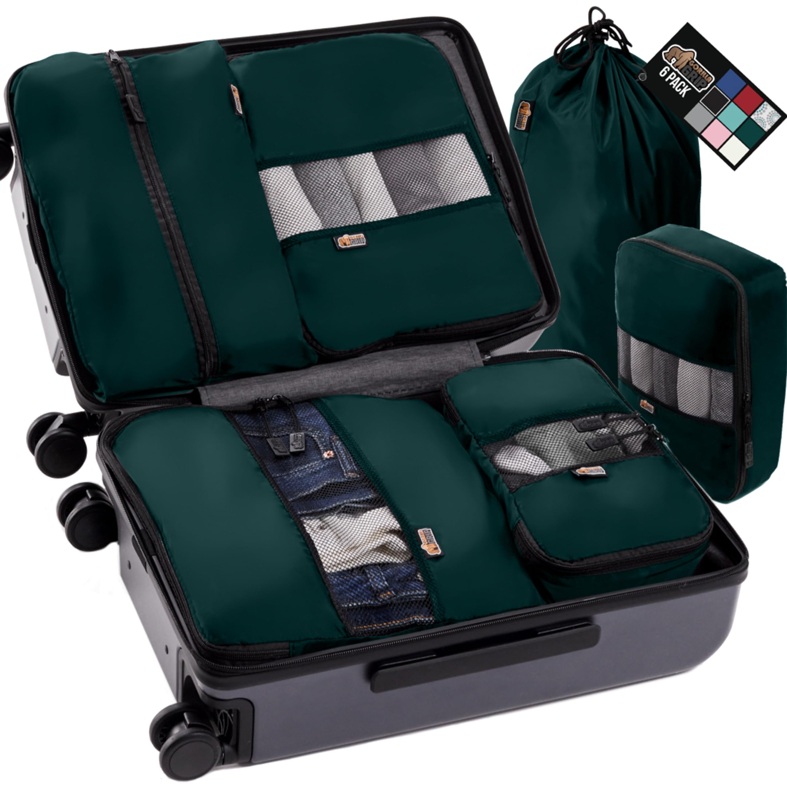 Photo 1 of Gorilla Grip 6 Set Packing Cubes, Travel Essentials for Suitcases, Breathable Mesh Organizer Bags for Clothes Toiletries and Laundry, Luggage and Backpack Carry On Airplane Accessories Hunter Green