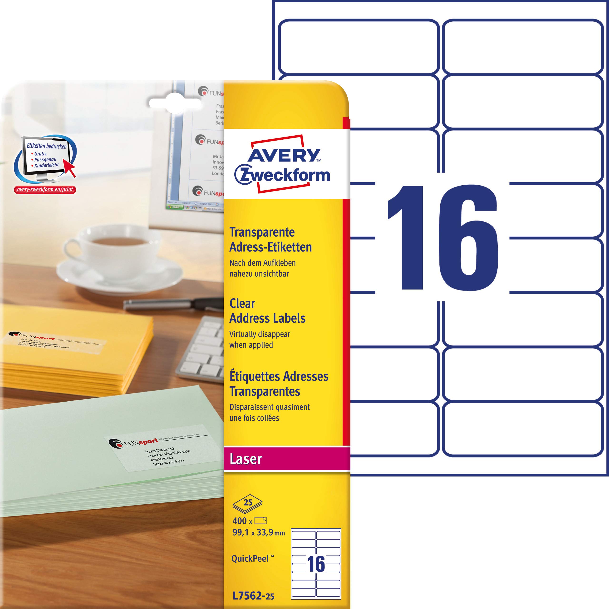 Avery Purpose Form L7562-25 Address-Labels, 99.1 x 33.9 mm, 25 Sheet, 400 pcs, Transparent