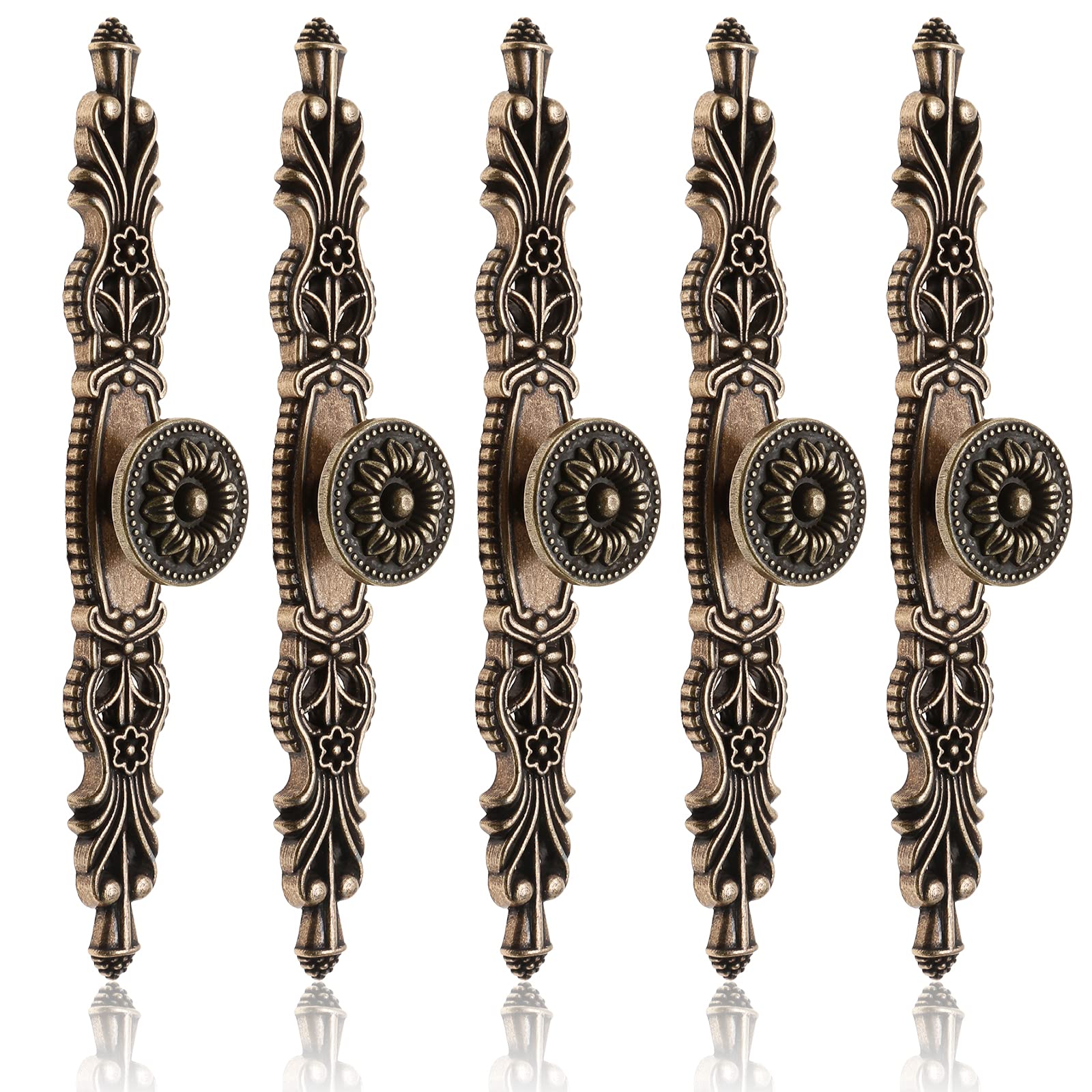 Photo 1 of Bonsicoky 5Pcs Vintage Antique Floral Cabinet Handles, 3.8" Holes Space Bronze Dresser Handles for Dresser Drawers Cupboard, 6.3" Length