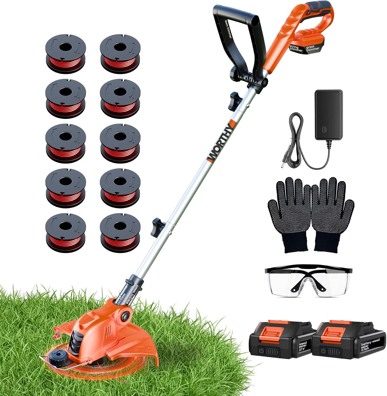 Cordless Weed Wacker String Trimmer: 21V Electric Weed Eater and Edger Battery Powered Grass Cutter Lawn Tool with 12 Inch Cutting Width Two Pack 2000mAh Batteries and Charger for Small Yard