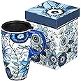 Shades of Indigo Flowers and Butterflies Ceramic Travel Coffee Mug 17oz