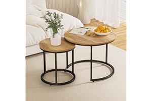 Smuxee Nesting Coffee Table Set of 2, 23.6" Round Coffee Table Brown Wood with Adjustable Non-Slip Feet, Industrial End Table