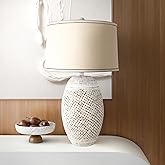 Abani Table Lamp Gaia Carved Lattice 27” – Coastal Cream Resin Base with Wheat Linen Shade – E26 Bulb Included – Elegant Desk