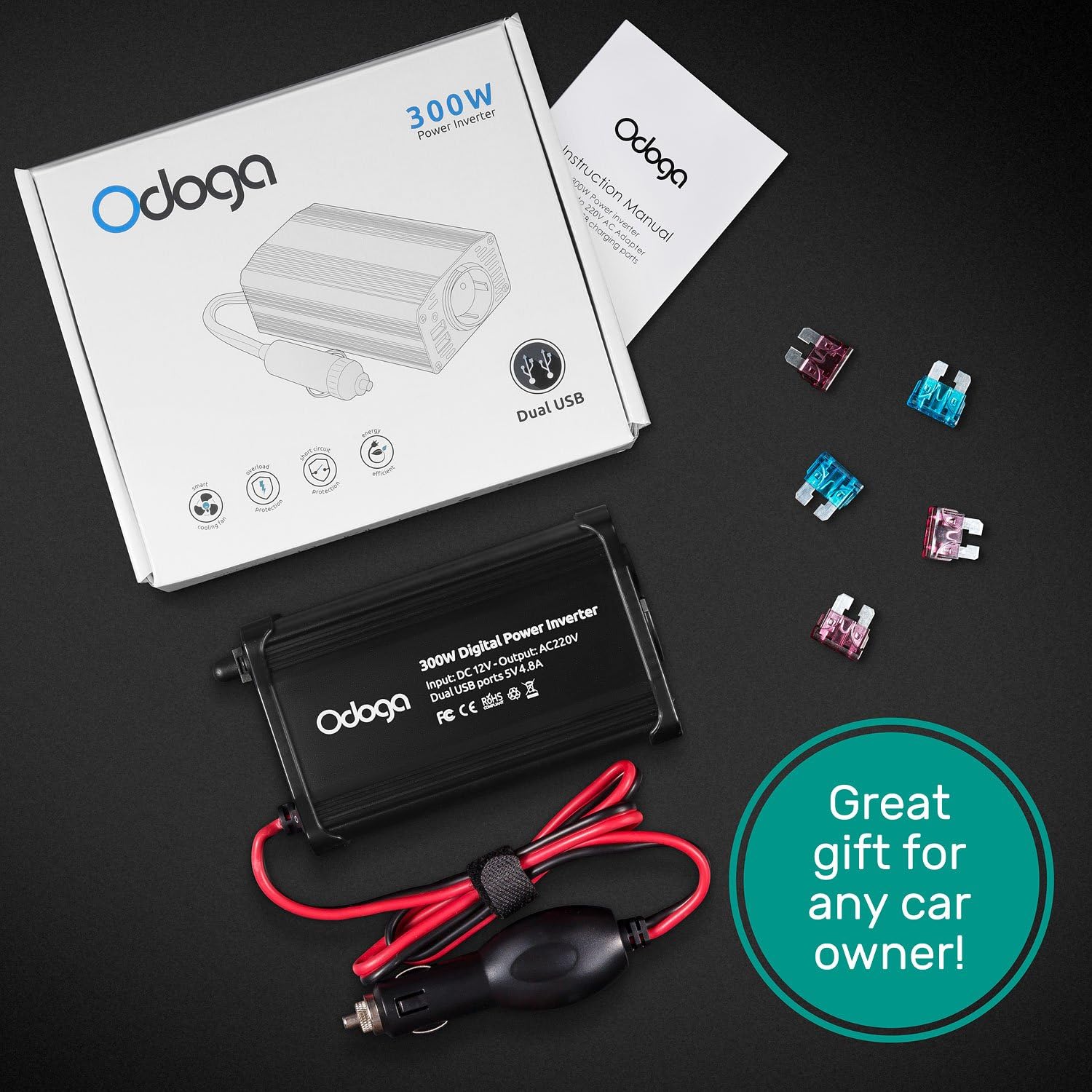 Odoga 300W Car Power Inverter 12V to 240V / 230V Converter, USB-A and USB-C 3A Charging Ports, Charge Your Laptop, iPad - Image 4