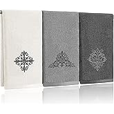 Hillsuren 3 Pcs Decorative Gray Hand Towels for Bathroom Kitchen 13.3 x 29.5'' Farmhouse Damascus Luxury Embroidered 100% Cotton Towels Art Decor for Bathroom Kitchen