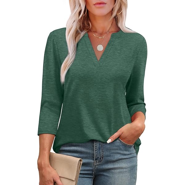 LOMON Spring 2025 V Neck Henley Shirts for Women Green Swiss