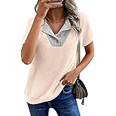 RICHSTORY Womens Tops Summer Sweaters Short Sleeve Patchwork V Neck Henley Shirts 2026 Dressy Casual Business Tunic Blouses