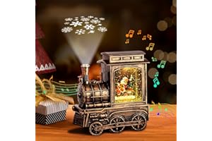 FUSPWEAO Vintage Musical Christmas Snow Globe Lantern with Snowflake Projection, Lighted Christmas Train Snow Globe with Santa, Water Swirling Glitter and 6H Timer, Xmas Gift