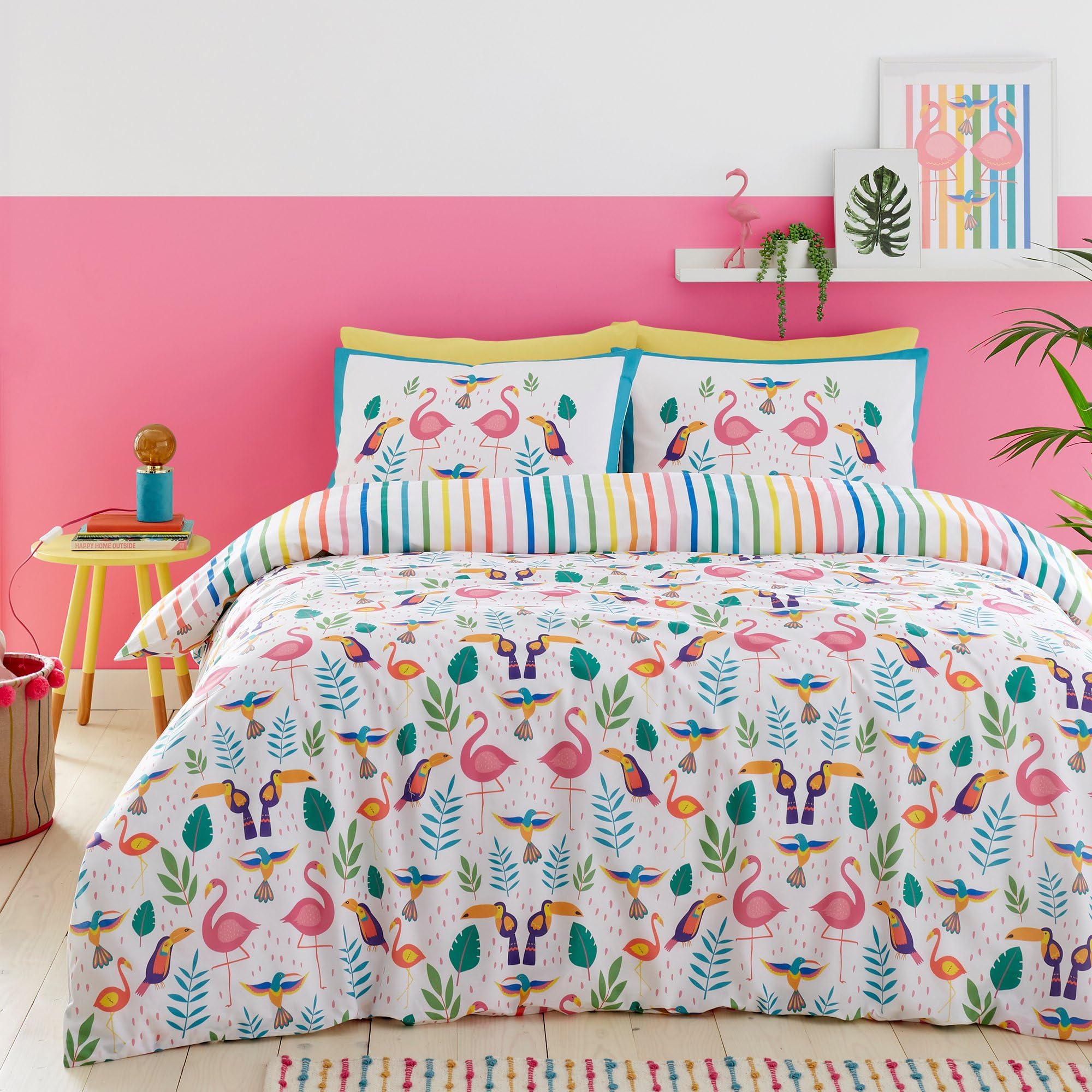 Fusion Tropical Flamingo Duvet Cover – King Size (230x220cm) – Reversible Rainbow Stripe Design – Toucan & Flamingo Print – Bright Colour Bedding – Fun Animal Theme – Gift Idea for Bird Lovers