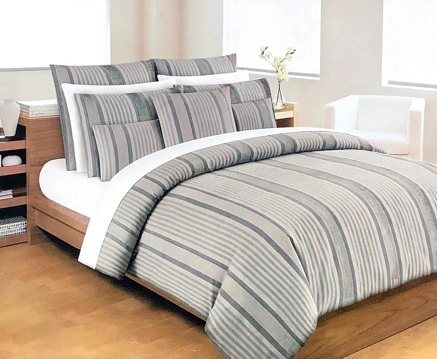 Hotel Collection 3pc Duvet Cover Set Textured Sewn Gray Stripes on Gray Comforter Quilt Cover