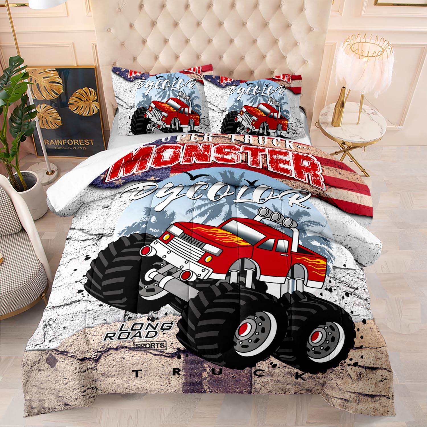 Photo 1 of DYcolor 3D Red Super Monster Truck Printed Quilt, 3-Piece Long Road Sports Truck Comforter Set with 1 Comforter and 2 Pillow Cases for Kids, Teens, Boys (04, Queen)