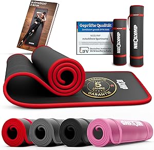 NEOLYMP extra dicke Fitnessmatte rutschfest inkl. Tragegurt & E-Book – Yogamatte, Gymnastikmatte, Sportmatte & Pilates Matte – Trainingsmatte für Zuhause, Studio & Outdoor (Schwarz-Rot 80 cm)