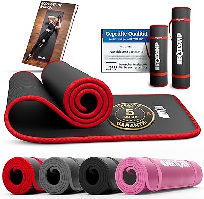 NEOLYMP extra dicke Fitnessmatte rutschfest inkl. Tragegurt & E-Book – Yogamatte, Gymnastikmatte, Sportmatte & Pilates Matte – Trainingsmatte für Zuhause, Studio & Outdoor (Schwarz-Rot 80 cm)