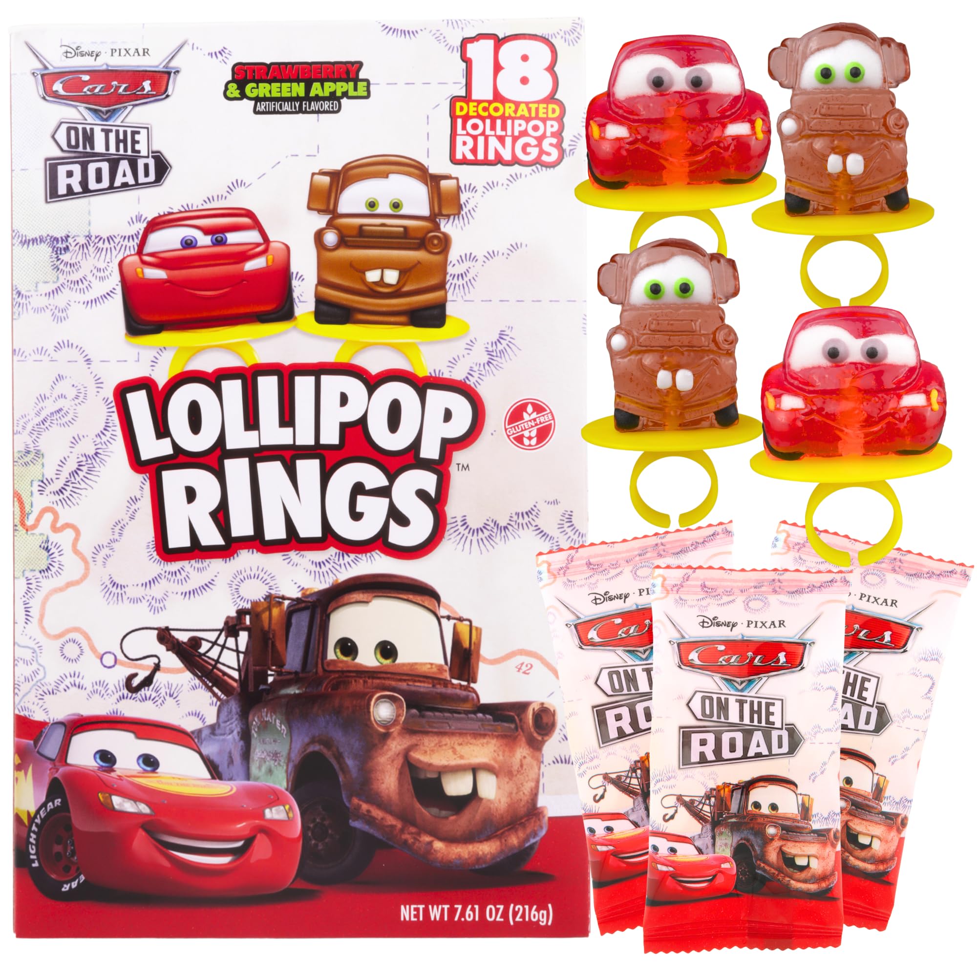 Photo 1 of Disney Pixar Cars Candy Individually Wrapped Lollipop Rings, Lightning McQueen and Mater Decorated Suckers, Birthday Party Favors, 18 Count