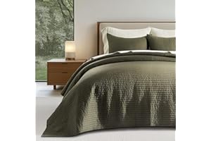 EVERGRACEHOME Cotton Sateen Quilt Set King Size, Pre-Washed Cotton Channel Stitch Coverlet Bedspread, 3 Pieces Lightweight Soft Bedding Sets for All Season, with 2 Pillow Shams, Olive Green