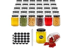 30 Pack 6 oz Hexagon Glass Jars With Black Lids, 180ml Clear Canning Mason Jars for Honey, Spice, Herb, Jams, Shower and Wedd