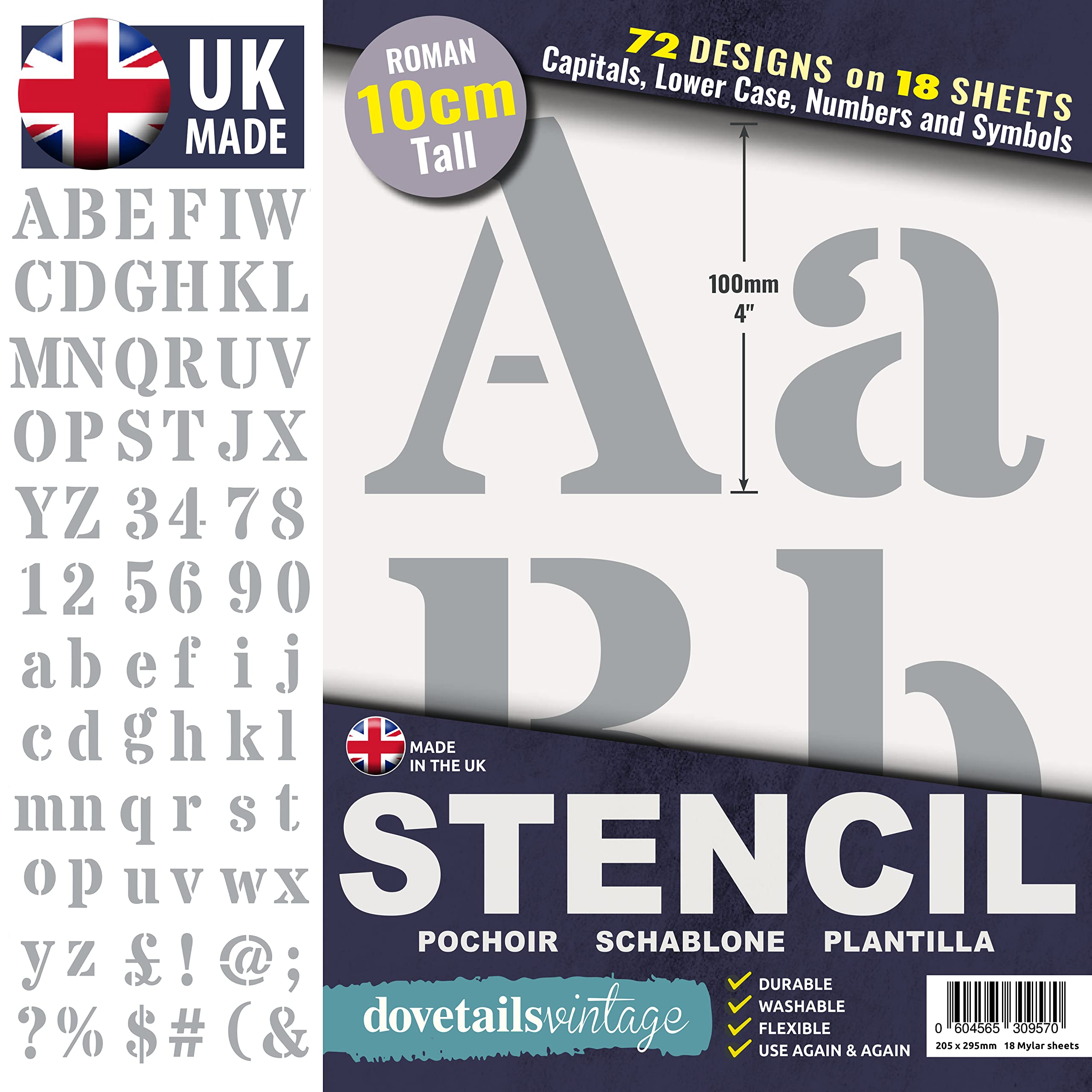 Dovetails Vintage 10 cm Tall Letter Stencil Kit - Roman Style Upper and Lower Case with Numbers and Symbols.
