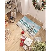 Coastal Christmas Tree Indoor Door Mat - 18"x30", Non-Slip Welcome Mat for Patio, Modern Oil Painting Beach Xmas Tree Front D