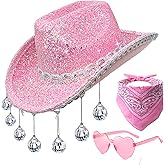 JIANGLAI Disco Sequin Cowgirl Hat with Heart Sunglasses and Bandana, Glitter Disco Ball Cowboy Hat for Women Men Costume