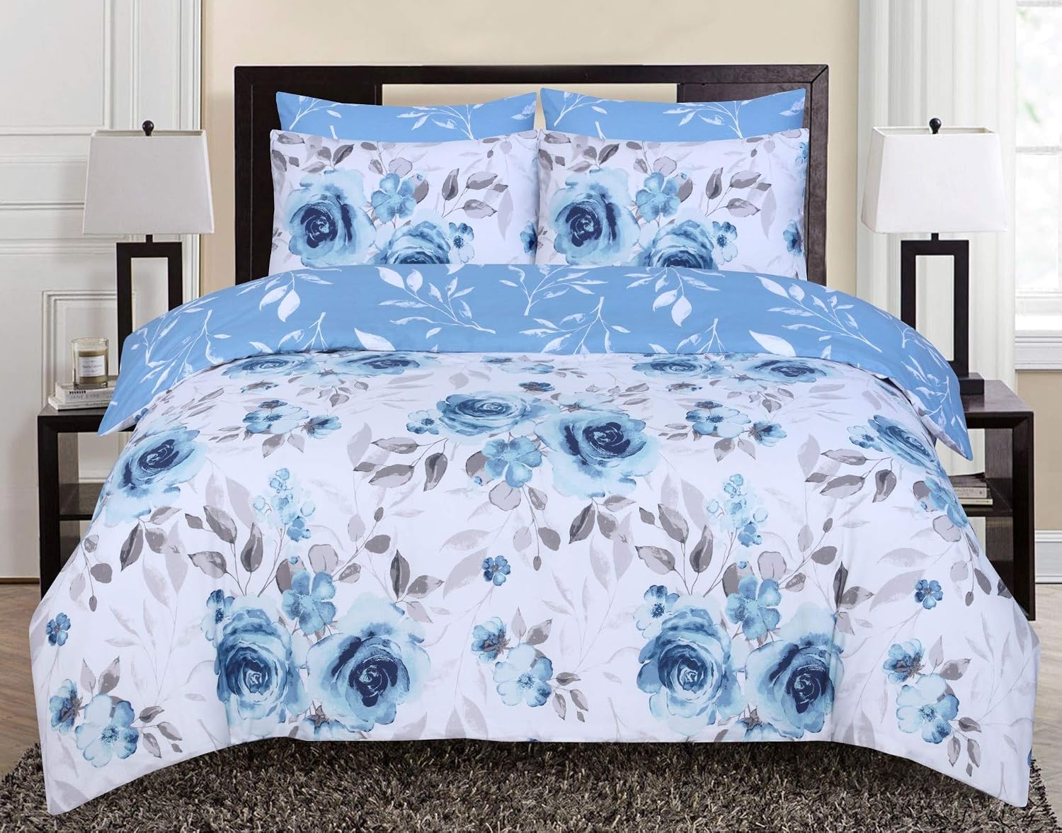 DTEX HOMES King Size Duvet Cover Sets 100% Pure Cotton Reversible Printed Hotel Quality Duvet Cover Ultra Soft Easy Care bedding sets king size Super Soft and Luxury Duvet Cover Sets (Roses Blue)