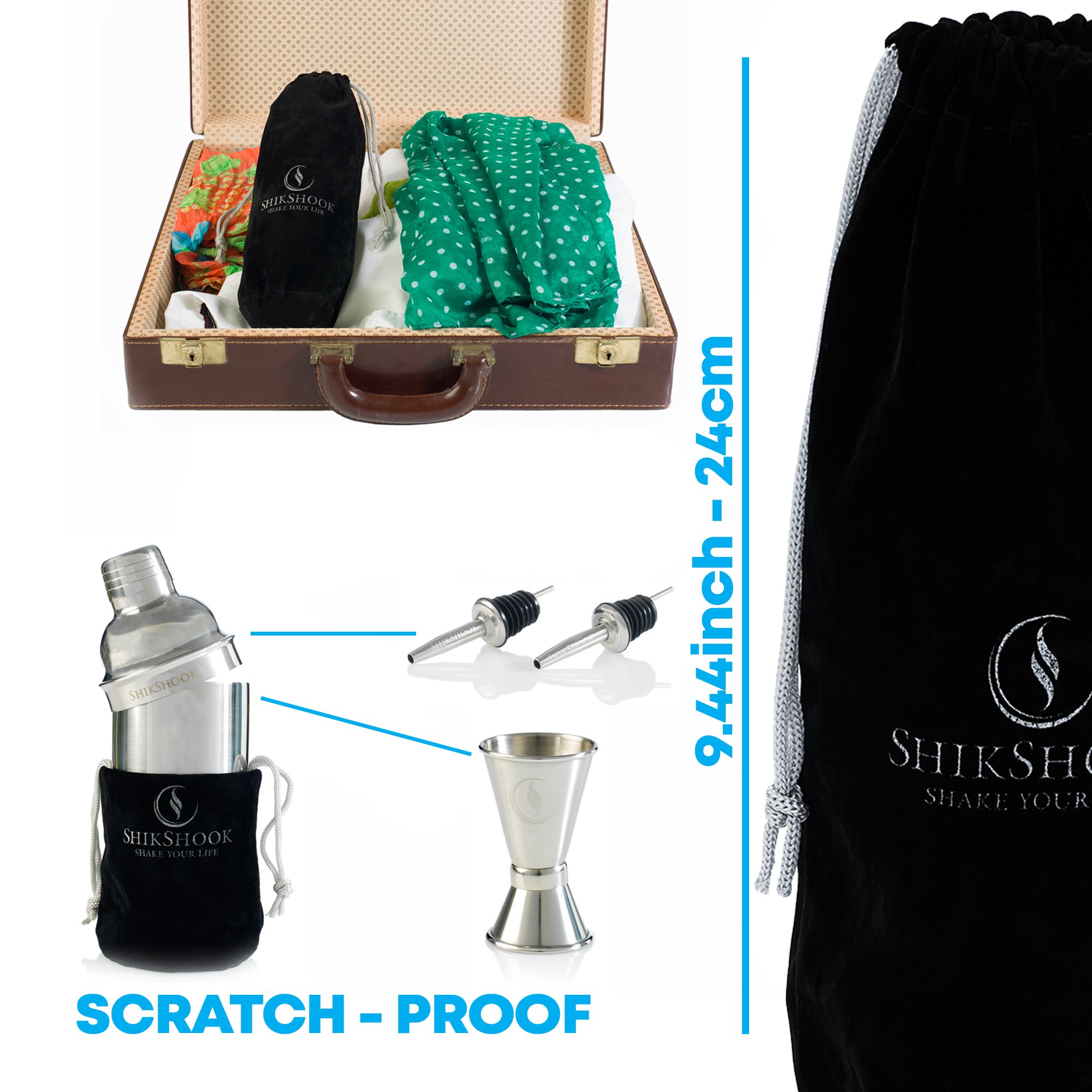 SHIKSHOOK Cocktail Shaker 25oz & Double Jigger 1oz \\ 2oz & 2 Liquor Pourers - Professional Bartender Kit in a Accessories Bag and E- Book: 150 Recipes - Martini Drink Mixer Barware Tools Supplies