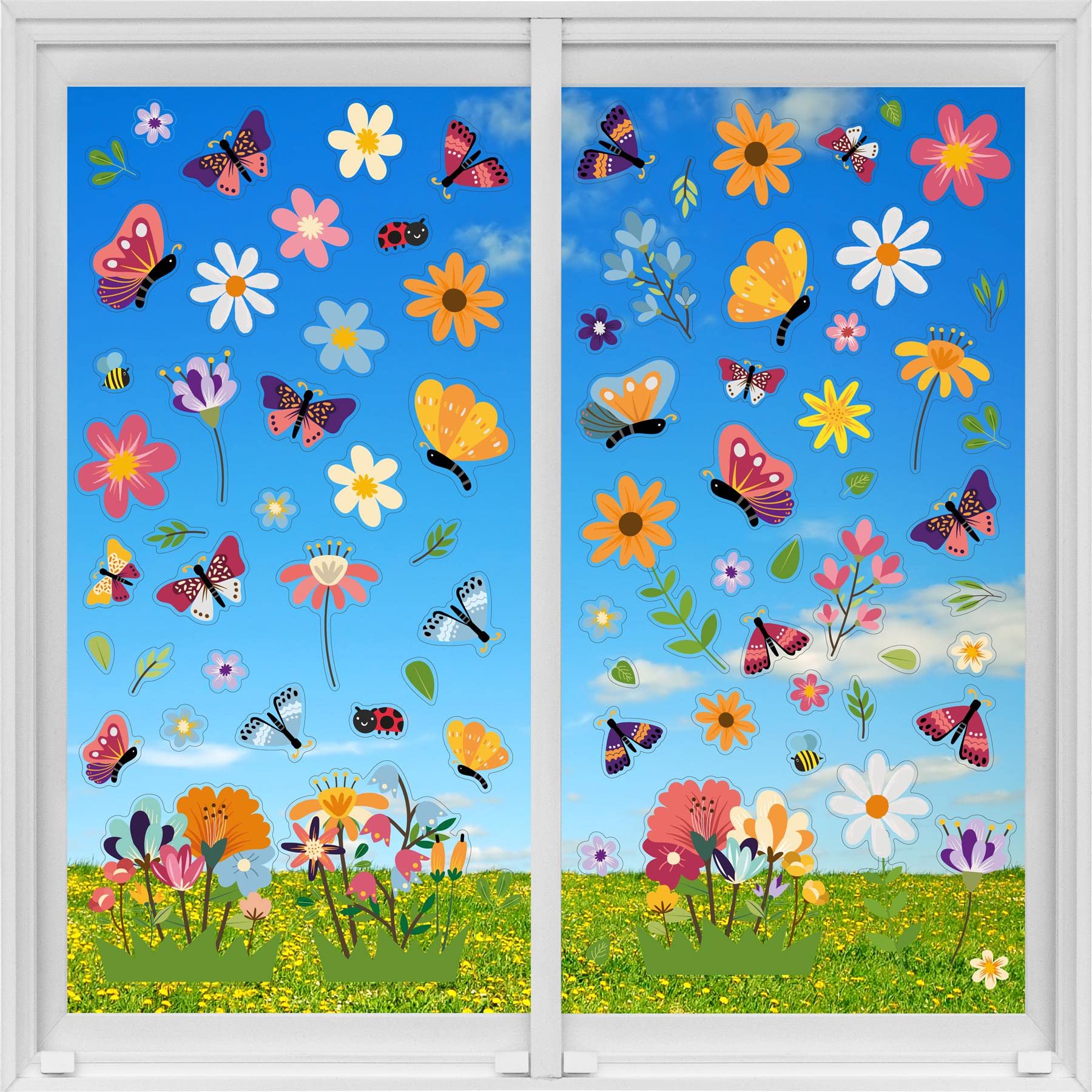 WALPLUS Butterfly Window Stickers Peel and Stick Electrostatic Flower Double Sided Spring Butterflies in Flowers Meadow Spring Window Decorations 81 PCS