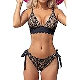 Beachsissi Women's Scolloped Lace Patchwork Knot Two Pieces Bikini Sets