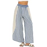 Athlisan Womens Summer Casual Loose Striped Wide Leg Lounge Pants Elastic Waist Palazzo Trousers