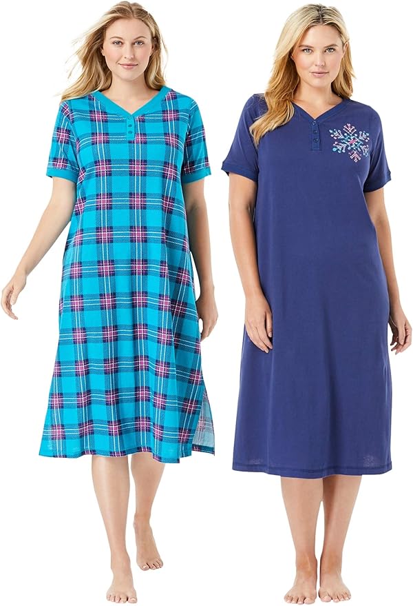 Dreams & Co. Women's Plus Size 2Pack Long Henley Sleepshirt Nightgown