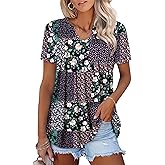 ONLYSHE Womens Short Sleeve Shirts Summer Floral Tunic Tops V Neck Blouse Loose Fit Shirts for Leggings